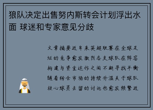 狼队决定出售努内斯转会计划浮出水面 球迷和专家意见分歧