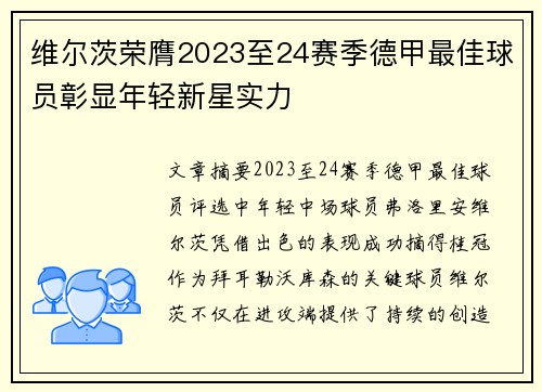 维尔茨荣膺2023至24赛季德甲最佳球员彰显年轻新星实力