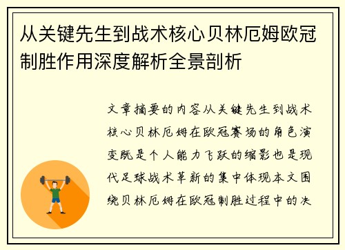 从关键先生到战术核心贝林厄姆欧冠制胜作用深度解析全景剖析