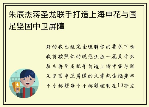 朱辰杰蒋圣龙联手打造上海申花与国足坚固中卫屏障