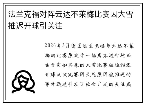 法兰克福对阵云达不莱梅比赛因大雪推迟开球引关注